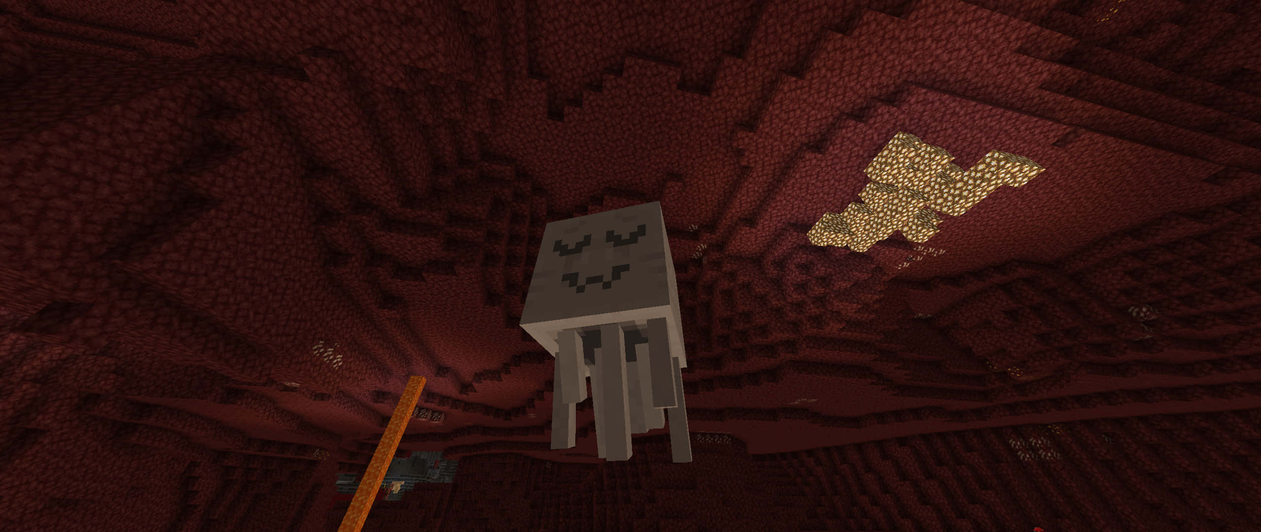 Minecraft Ghast 桌布 壁紙 — 一個像素化的 Minecraft 地獄幽靈漂浮在洞穴般的地獄中，周圍有發光的金磚和紅色的地獄岩牆壁。