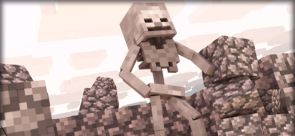 Minecraft Skeleton 桌布 壁紙 — 一個像素化的 Minecraft 骷髏站在方塊地形上，天空朦朧。