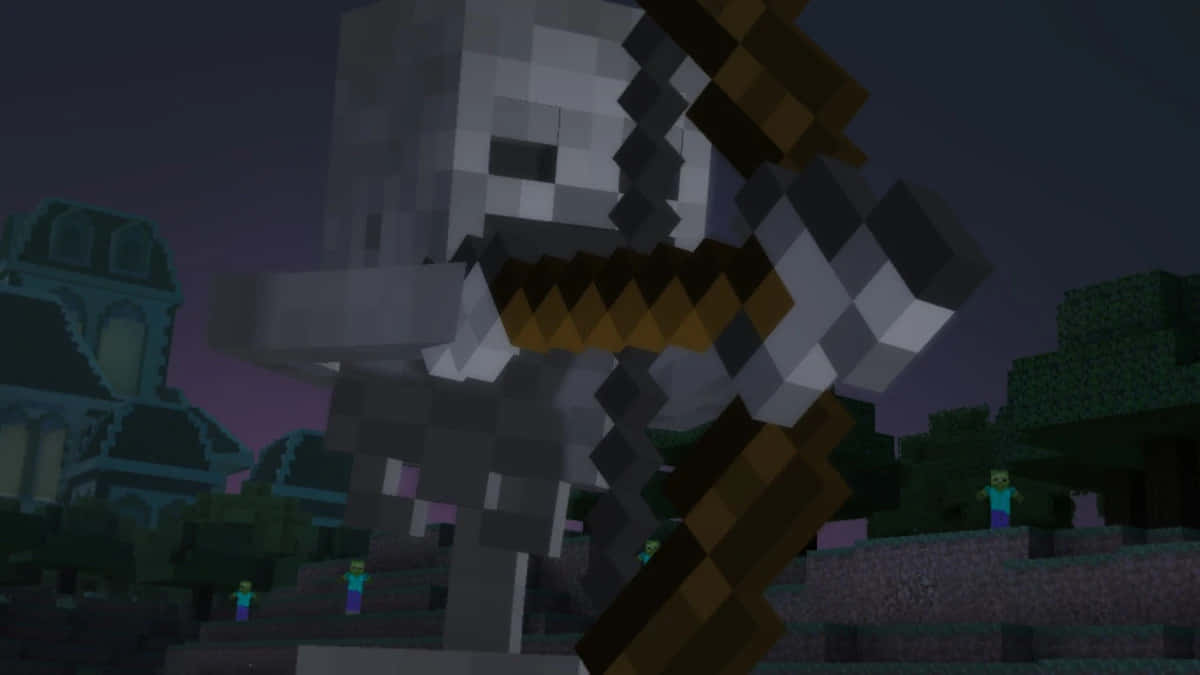 Minecraft Skeleton 桌布 壁紙 — 一個像素化的 Minecraft 骷髏在暮色背景下揮舞著弓，附近有殭屍村民。