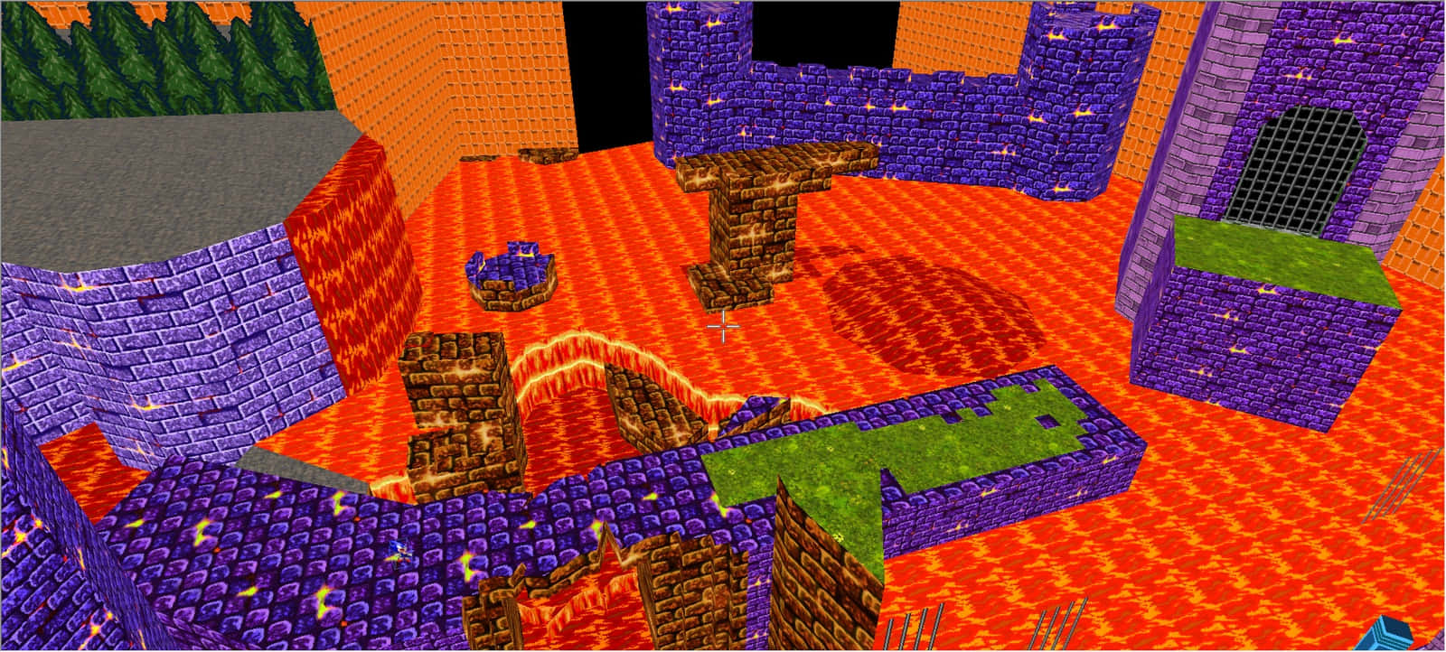 Sonic Marble Zone 桌布 壁紙 — 一個像素化的3D渲染熔岩地牢，有紫色磚牆和綠色平台。