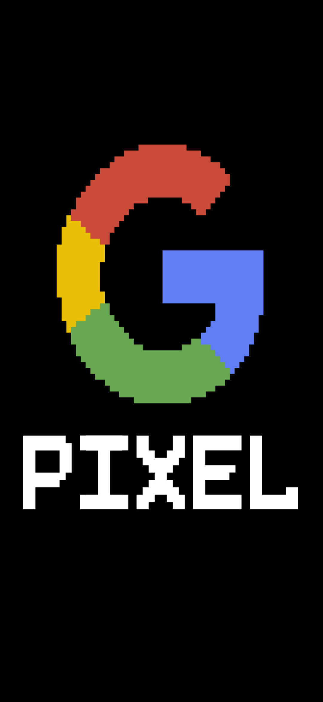Google Pixel 桌布 壁紙 — 一個像素化的Google標誌，下方有「PIXEL」文字，背景為黑色。