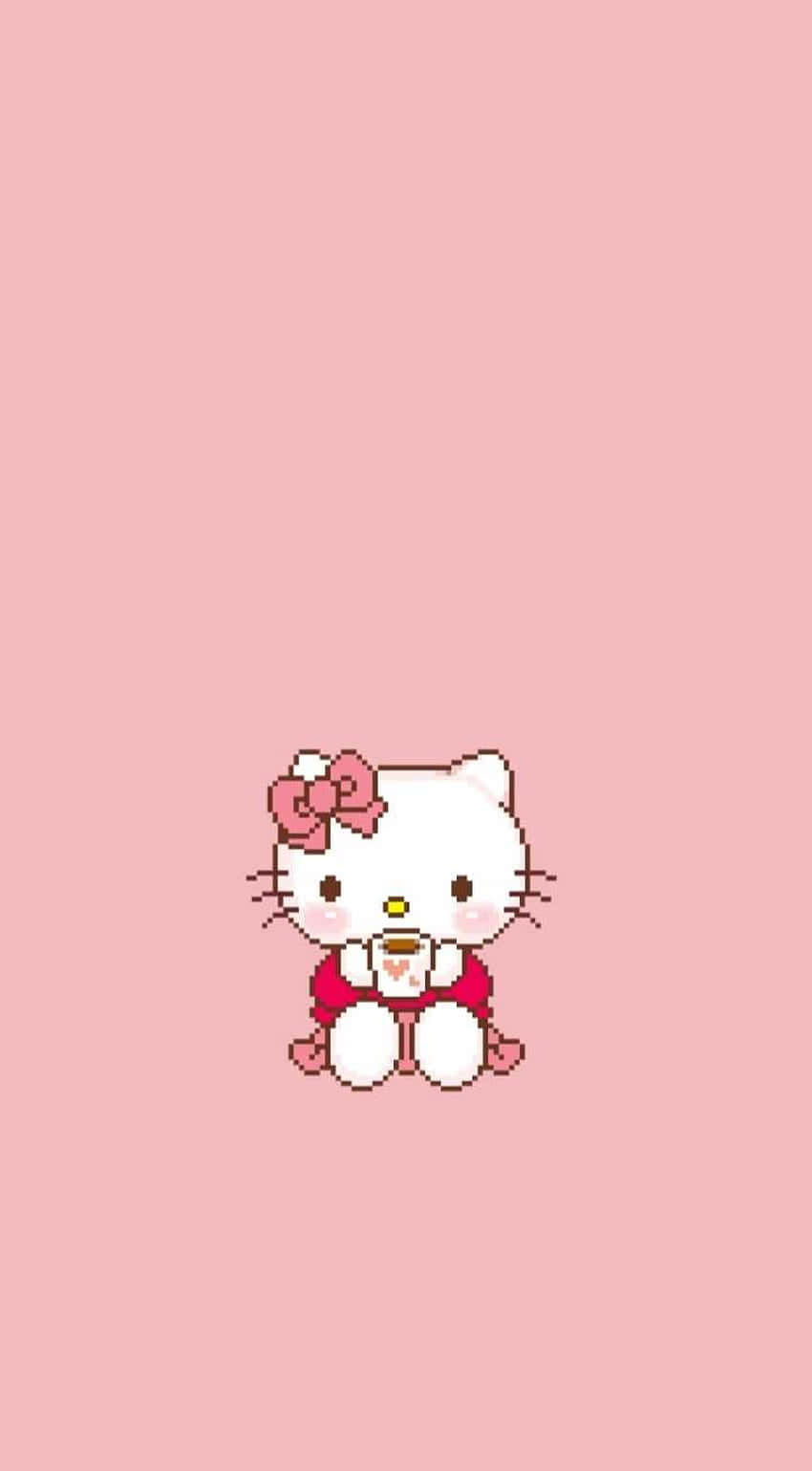 Kawaii Hello Kitty 桌布 壁紙 — 一個像素化的Hello Kitty穿著紅色衣服，在柔和的粉紅色背景上啜飲杯子。