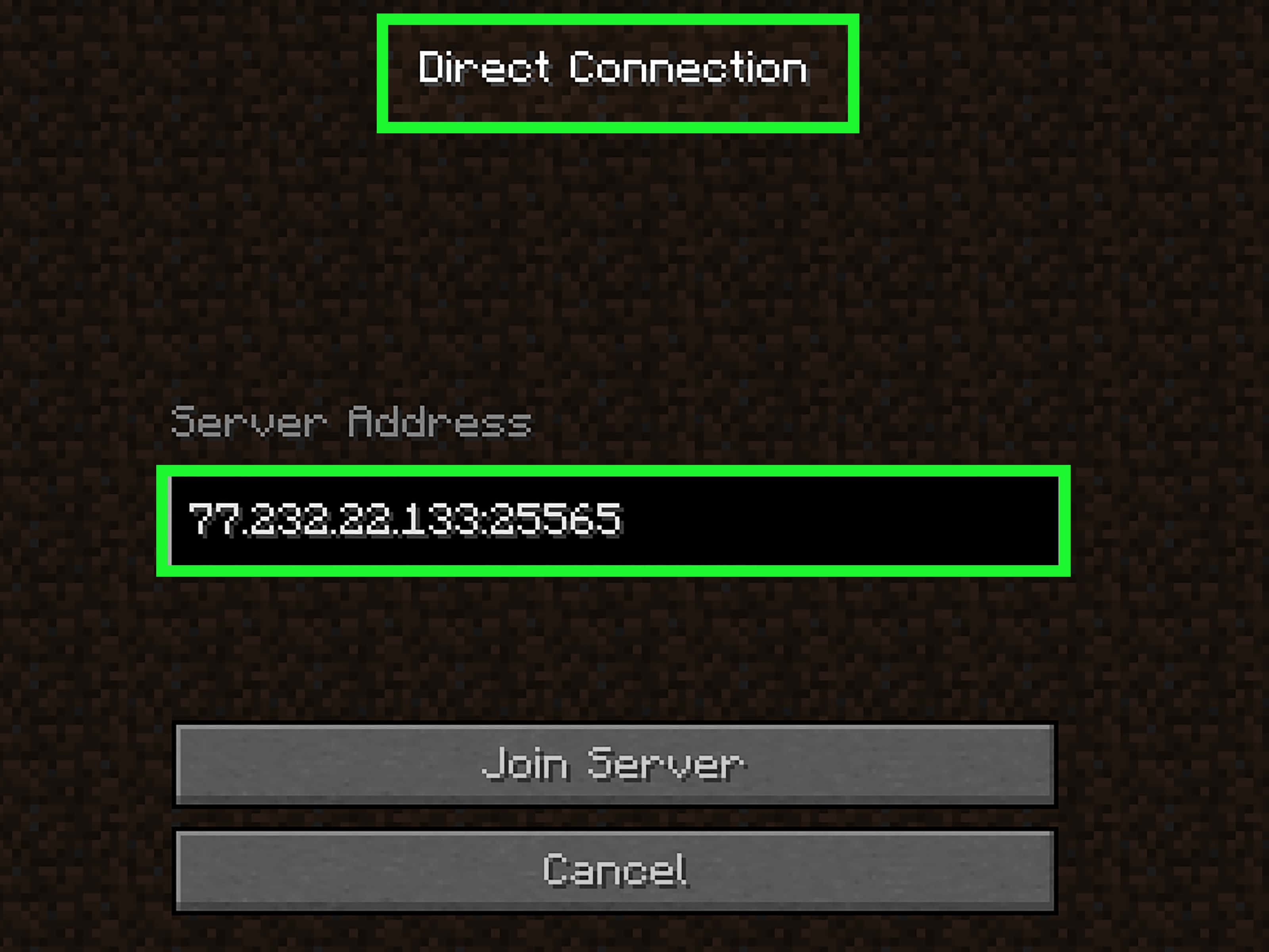 Minecraft Server 桌布 壁紙 — 一個像素化的Minecraft伺服器連接畫面，帶有綠色突出顯示的伺服器地址欄位。