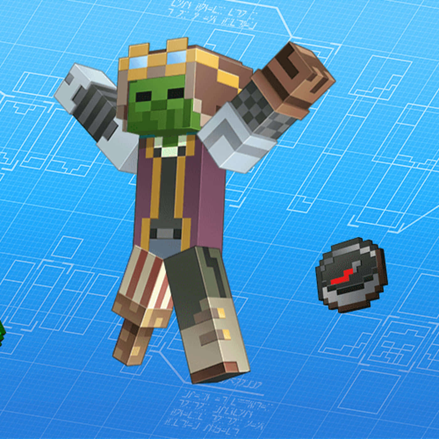 Minecraft Mods 桌布 壁紙 — 一個像素化的Minecraft喪屍穿著盔甲，在藍色藍圖背景上帶著浮動齒輪勝利地站立。