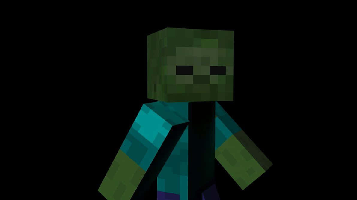 Minecraft Zombie 桌布 壁紙 — 一個像素化的Minecraft喪屍站在黑色背景前，綠色皮膚和青綠色襯衫。