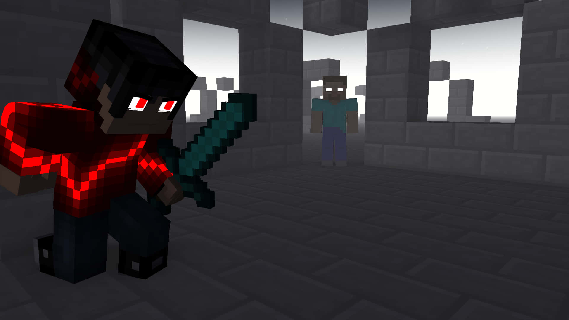 Herobrine 桌布 壁紙 — 一個像素化的Minecraft喪屍穿著紅色盔甲，在石頭廢墟中揮劍面對村民。
