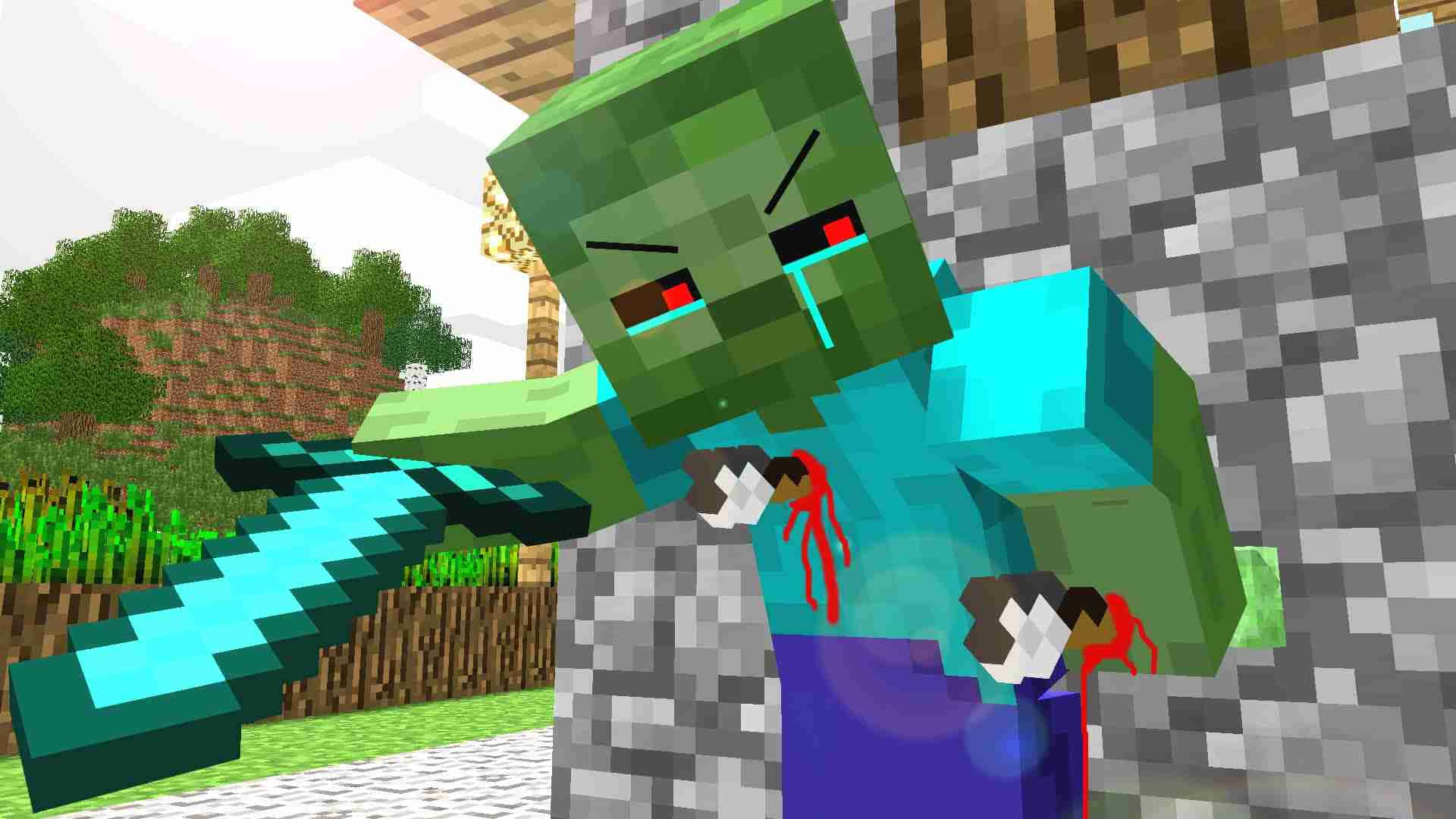 Minecraft Zombie 桌布 壁紙 — 一個像素化的Minecraft喪屍，紅眼睛流著淚，在方塊森林背景下拿著鑽石劍。