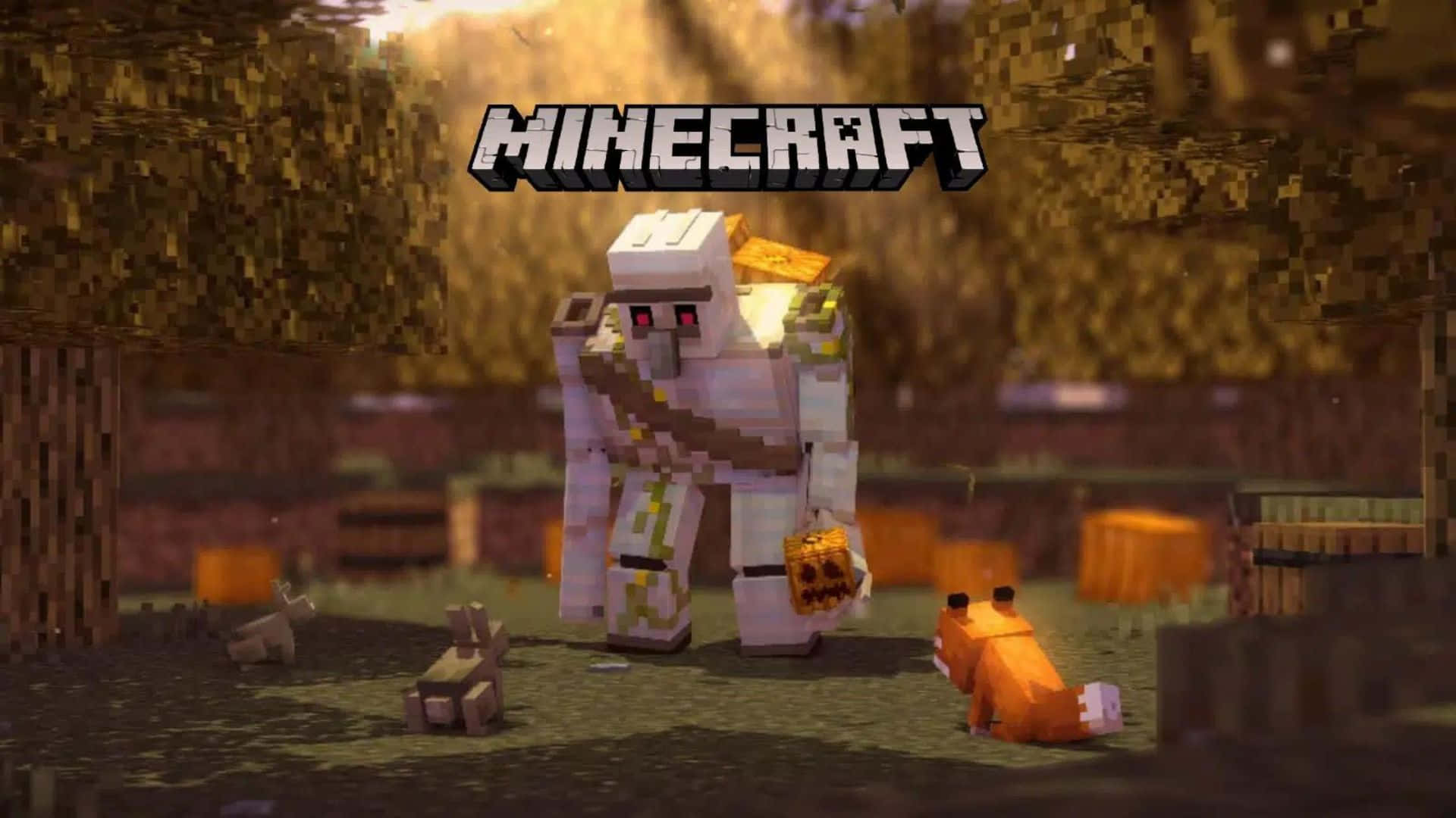 Minecraft Iron Golem 桌布 壁紙 — 一個像素化的Minecraft喪屍在日落時分的森林中站立，手持南瓜，附近有狐狸。
