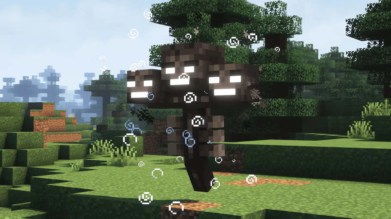 Minecraft Wither Boss 桌布 壁紙 — 一個像素化的Minecraft喪屍站在方塊森林中，眼睛發光，周圍有漂浮的氣泡。