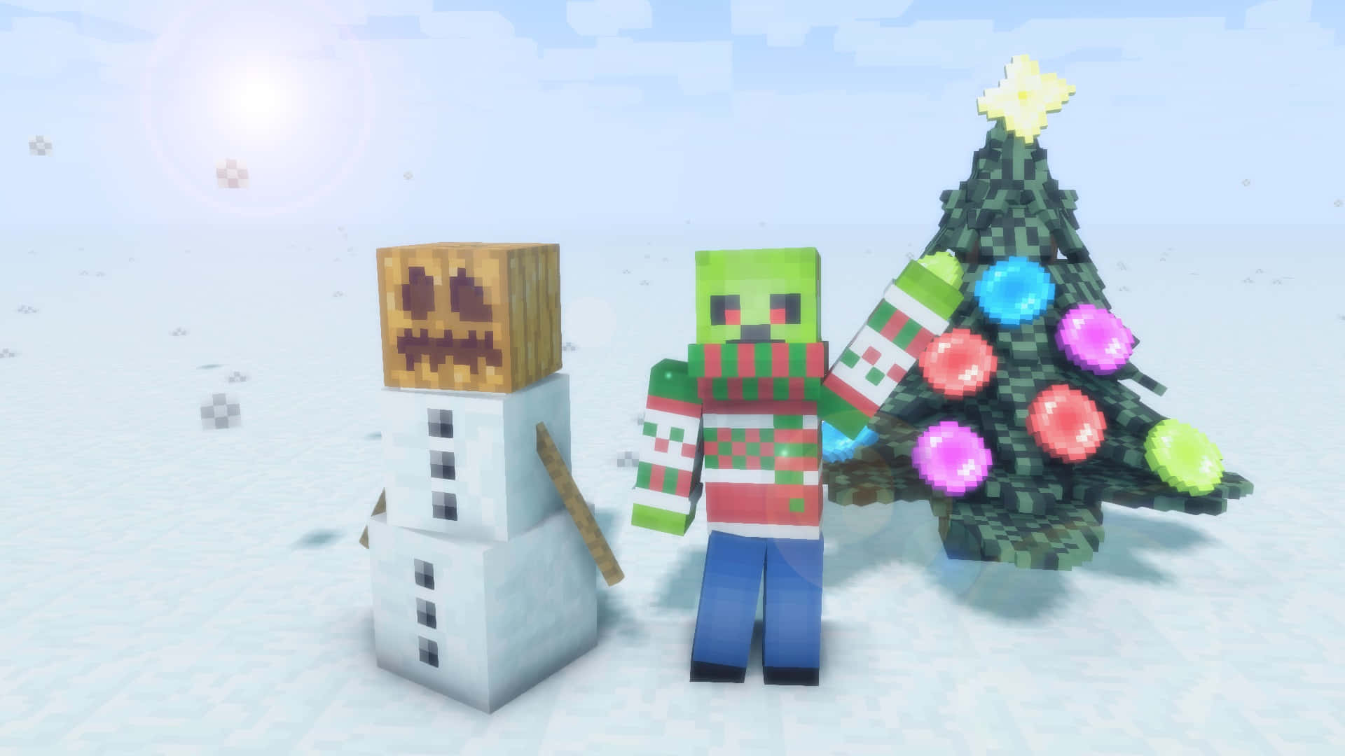 Minecraft Snow Golem 桌布 壁紙 — 一個像素化的Minecraft喪屍穿著節日毛衣，站在雪人和裝飾好的聖誕樹旁邊，背景是雪景。