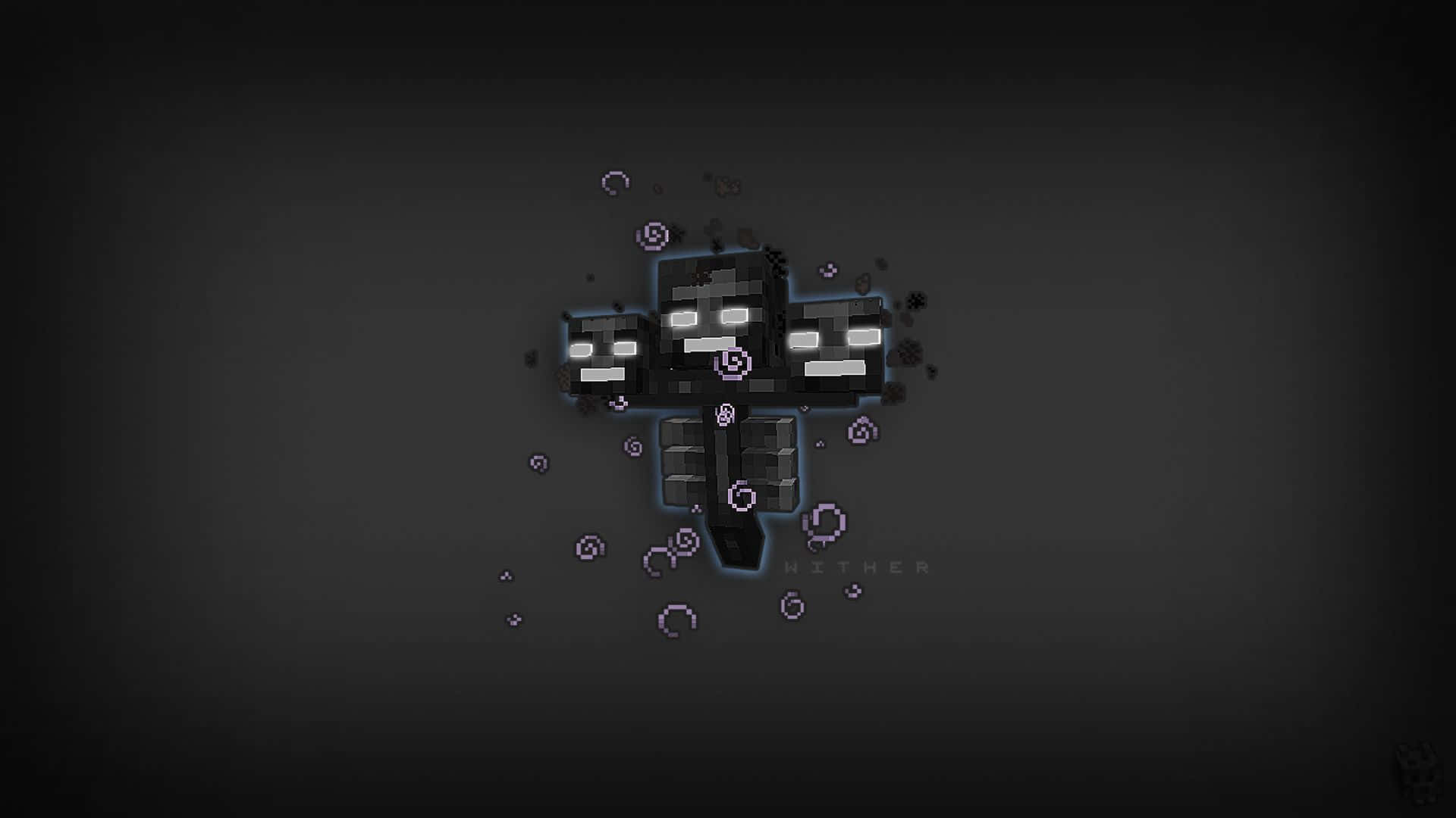 Minecraft Wither 桌布 壁紙 — 一個像素化的Minecraft地獄傳送門，帶有發光的紫色粒子，背景為深色漸變。