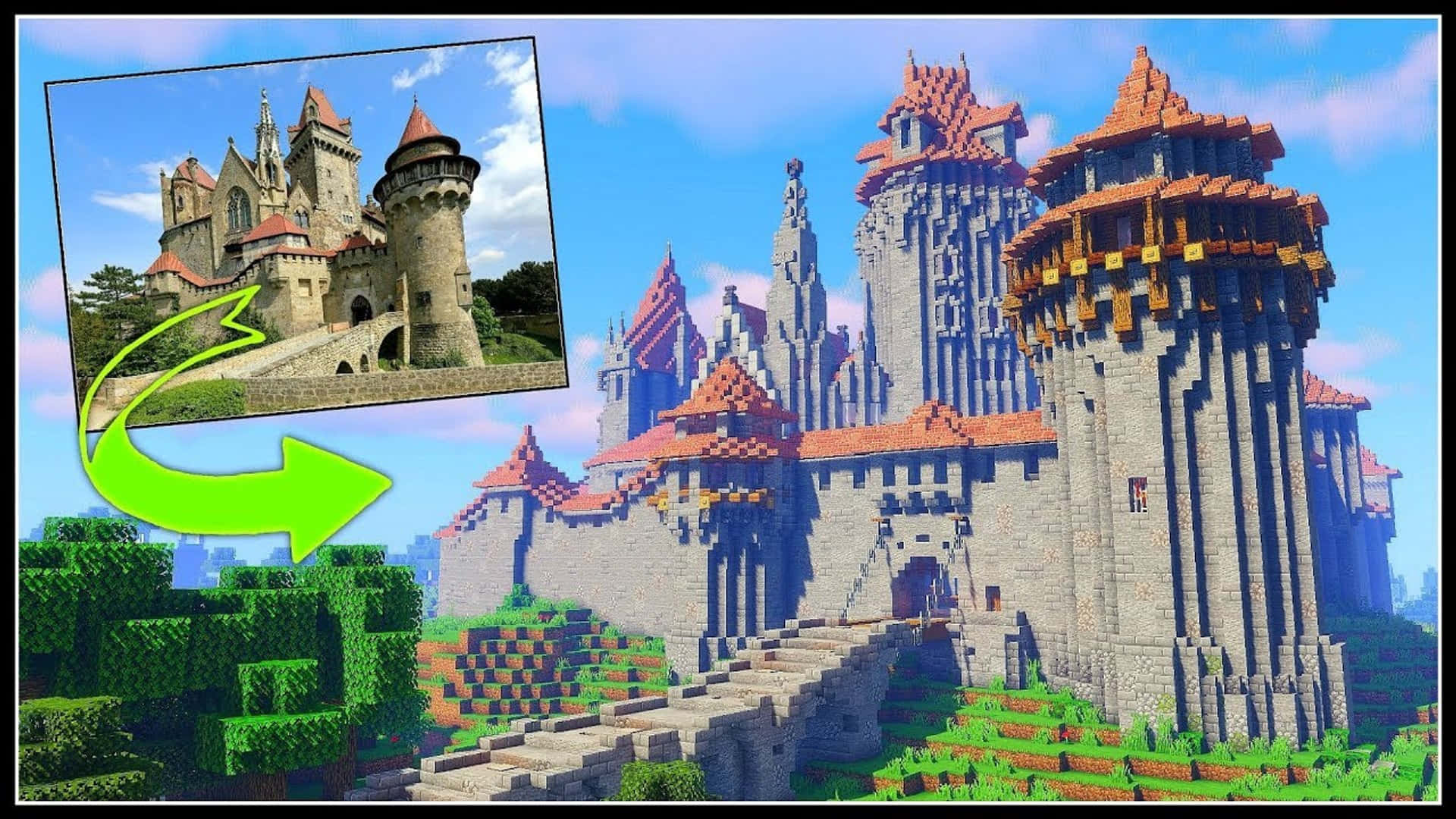 Minecraft Castles 桌布 壁紙 — 一個像素化的Minecraft城堡，有紅色屋頂和石塔，旁邊是一張真實城堡的照片。