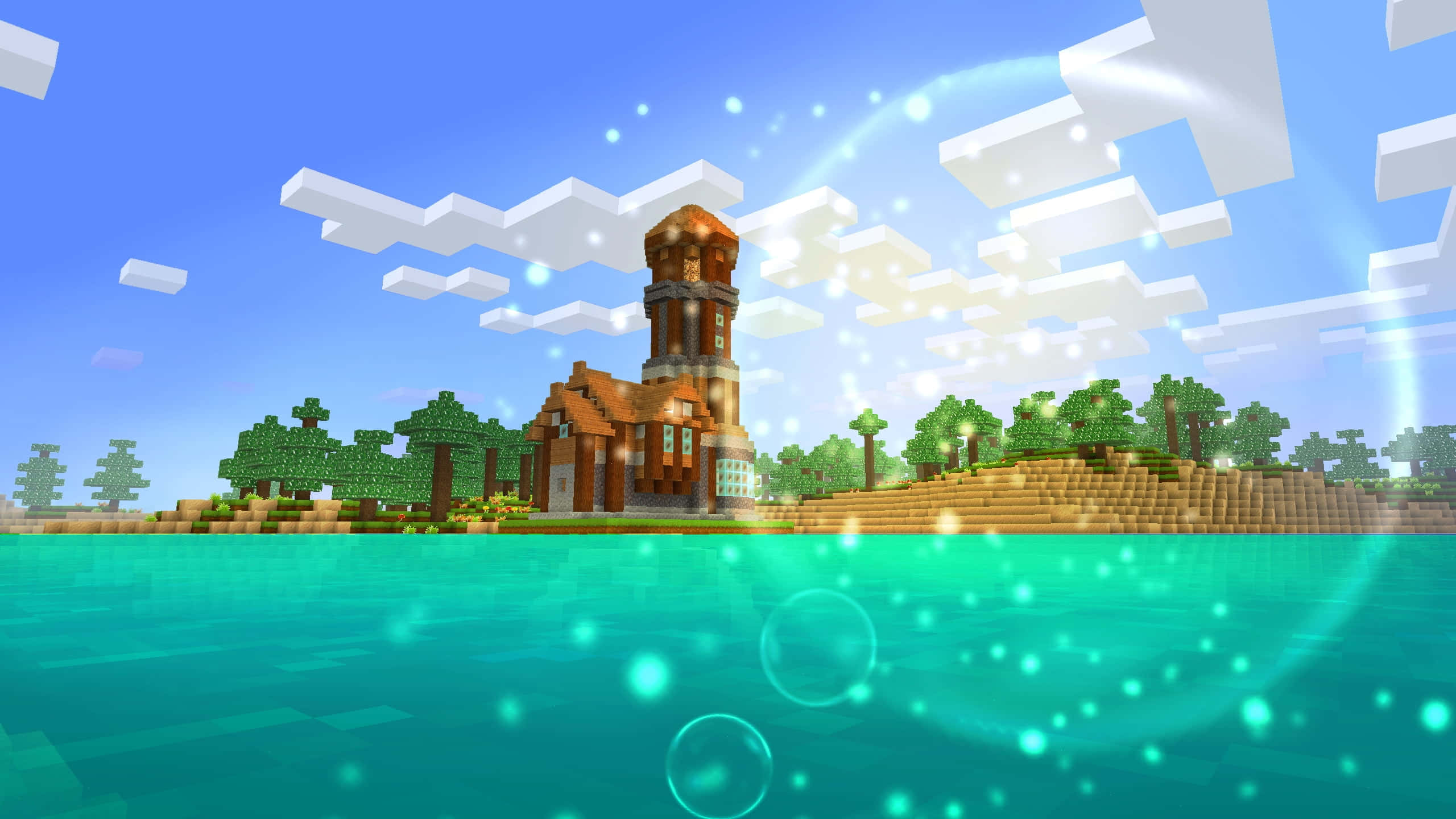 Minecraft Adventure 桌布 壁紙 — 一個像素化的Minecraft城堡坐落在一個草島上，周圍是發光的藍綠色水域，上方是明亮的藍天和方塊狀的雲朵。