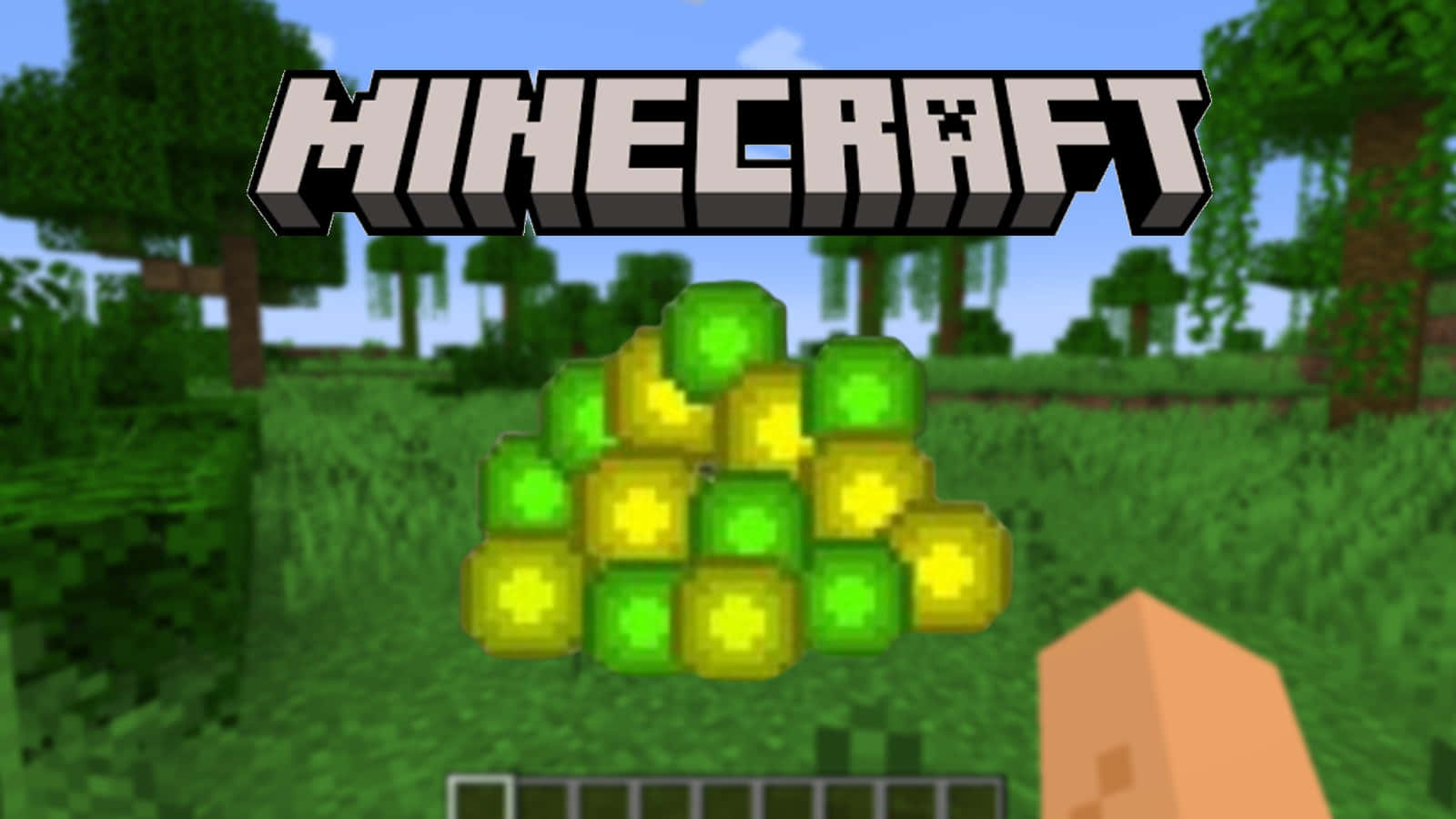 Minecraft Farming 桌布 壁紙 — 一個像素化的Minecraft場景，顯示一名玩家在長滿草的森林中手持金蘋果，周圍有樹木，上方有遊戲標誌。
