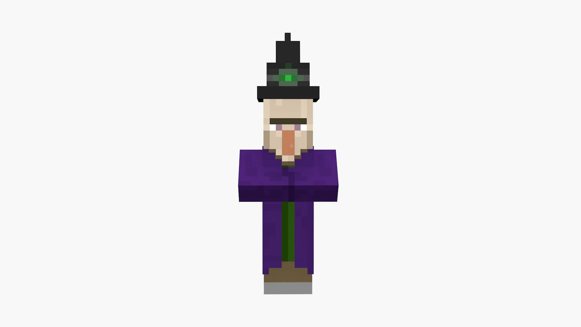 Minecraft Witch 桌布 壁紙 — 一個像素化的Minecraft女巫，身穿紫色長袍，頭戴黑色帽子，帽上有綠色寶石，站在純白色背景前。
