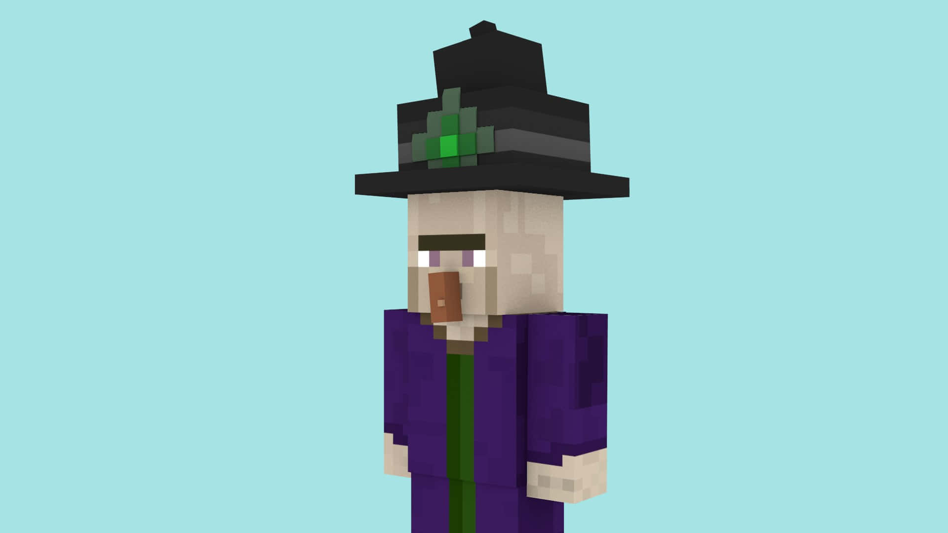 Minecraft Witch 桌布 壁紙 — 一個像素化的Minecraft女巫站在純淺藍色背景前，戴著帶有綠色寶石的黑色帽子和紫色長袍。