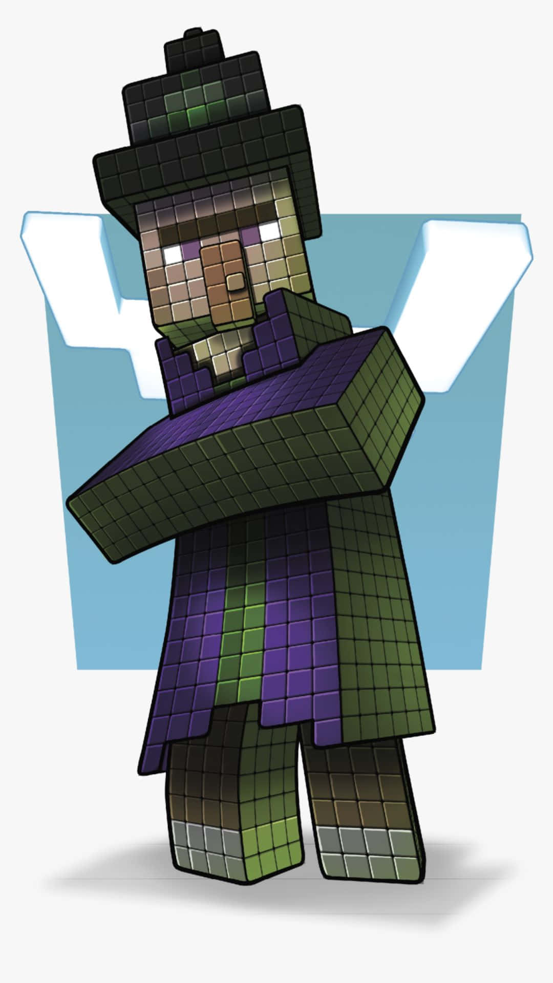 Minecraft Witch 桌布 壁紙 — 一個像素化的Minecraft女巫交叉雙臂站立，戴著綠色帽子和紫色長袍，背景為淺藍色。