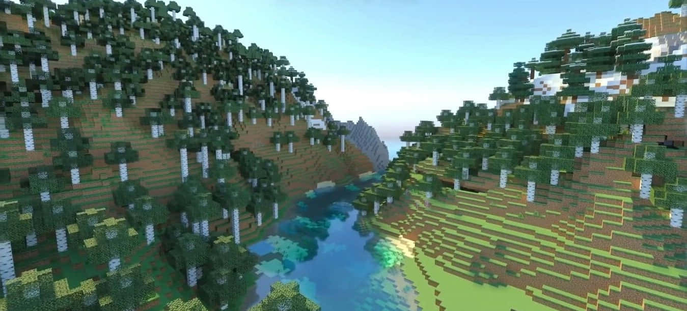 Minecraft Bedrock Edition 桌布 壁紙 — 一個像素化的Minecraft山谷，有白樺樹和蜿蜒的河流，在晴朗天空下起伏的山丘之間。