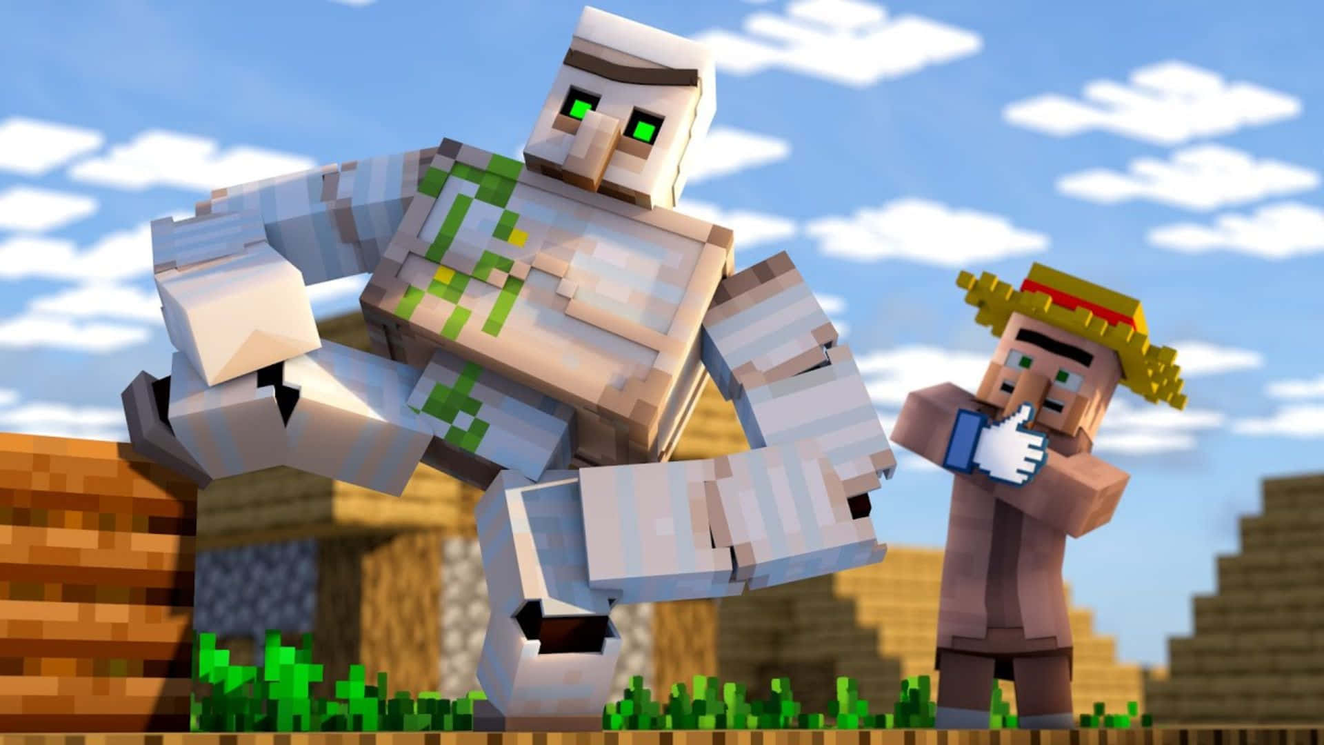Minecraft Iron Golem 桌布 壁紙 — 一個像素化的Minecraft巨人，有著綠色眼睛，在明亮的藍天下俯視著一個拿著電話的小村民。
