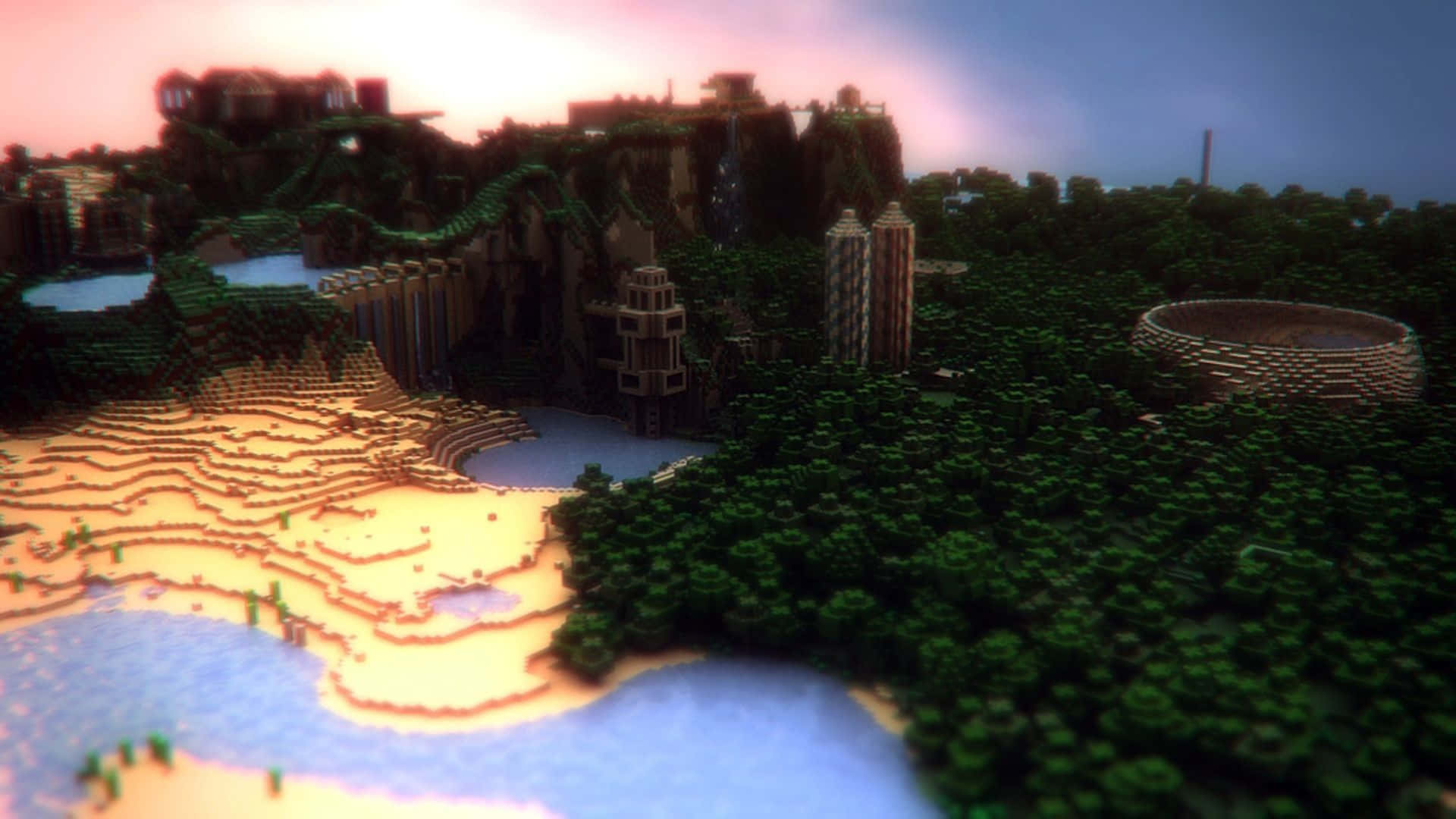 Minecraft Map 桌布 壁紙 — 一個像素化的Minecraft景觀，有沙灘、森林和石頭建築，在粉紅和藍色的暮色天空下。