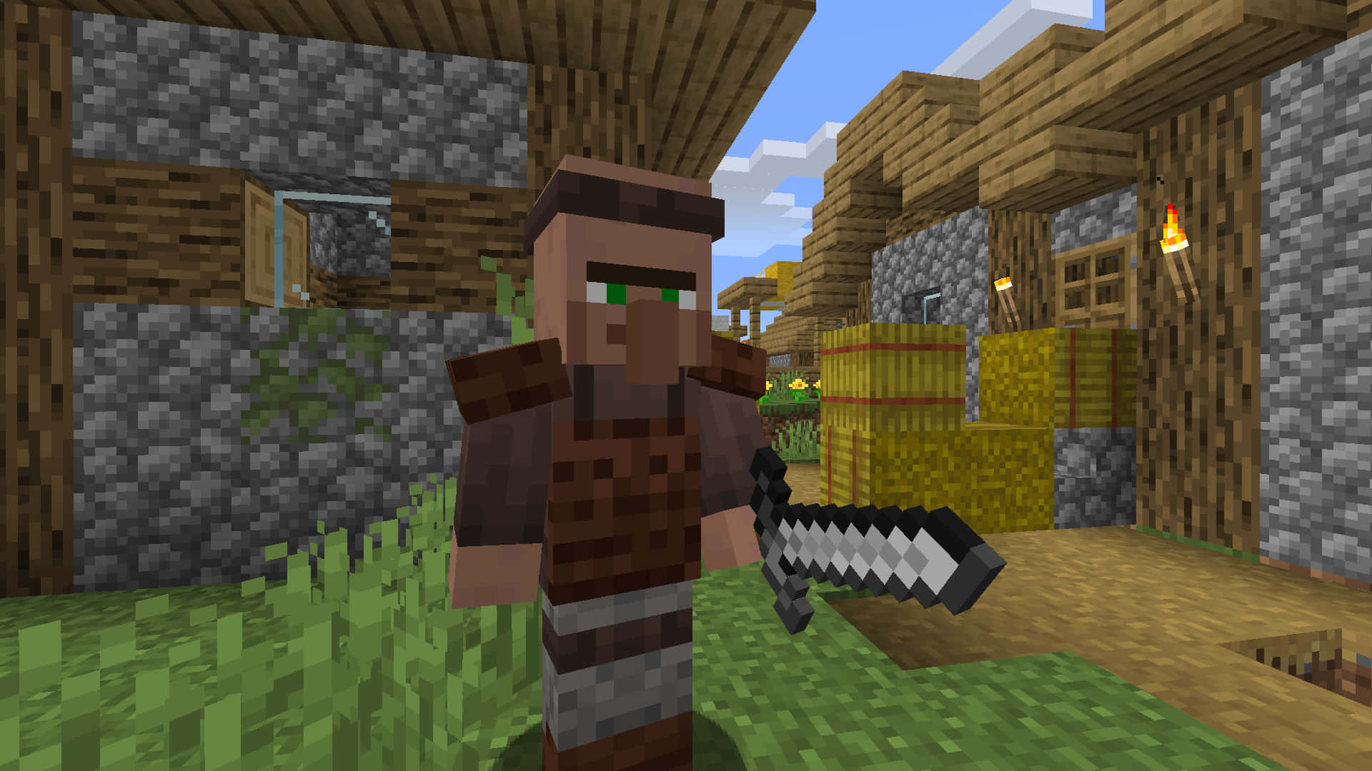 Minecraft Villager 桌布 壁紙 — 一個像素化的Minecraft村民站在一個木石村莊中，在明亮的藍天下拿著一把劍。