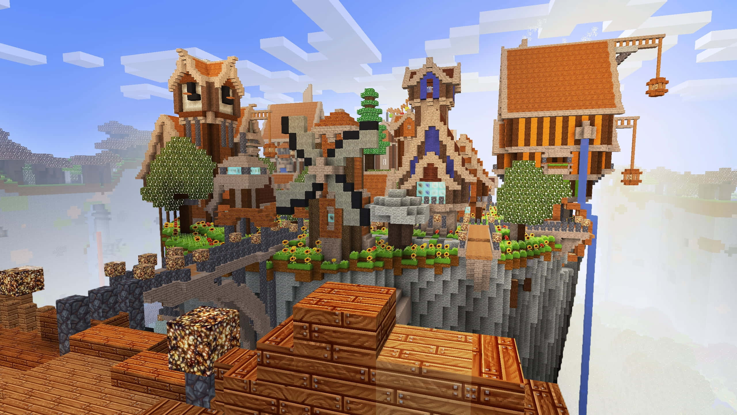 Minecraft Adventure 桌布 壁紙 — 一個像素化的Minecraft村莊坐落在懸崖邊，有木屋和向日葵，在明亮的藍天下。