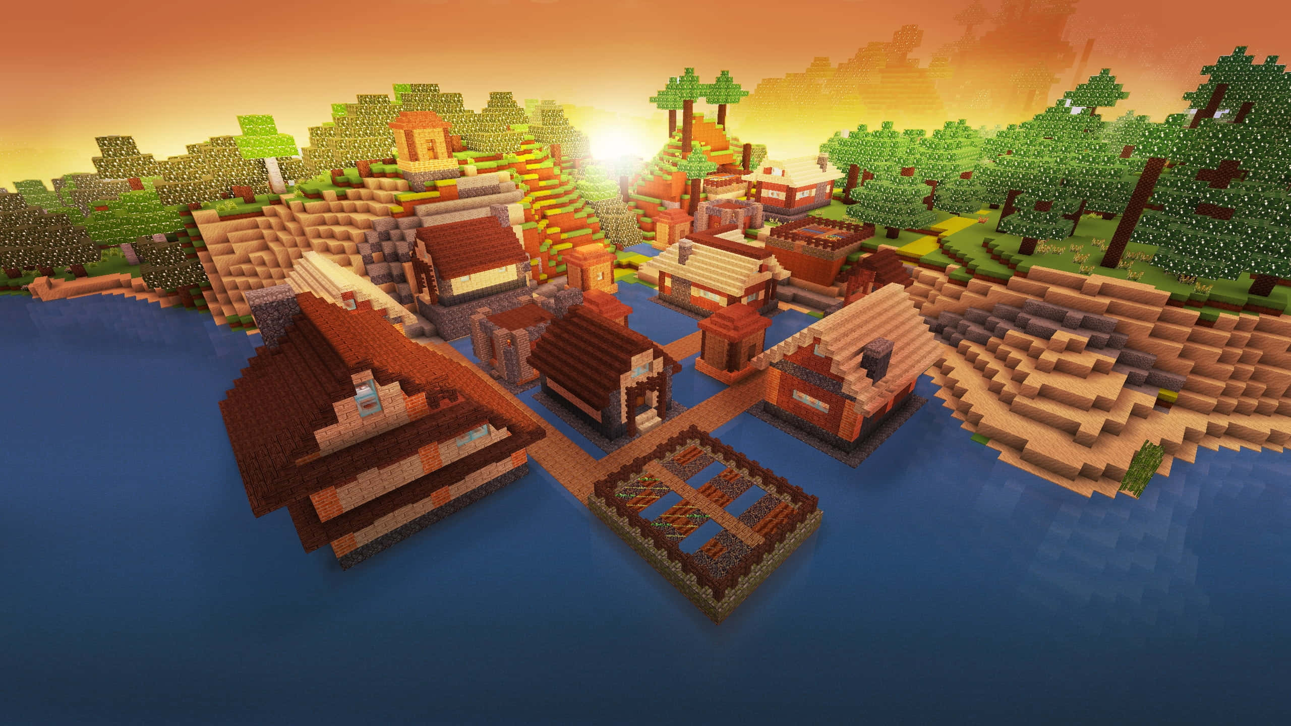 Minecraft Adventure 桌布 壁紙 — 一個像素化的Minecraft村莊，木屋和小船漂浮在平靜的水面上，溫暖的夕陽天空下。