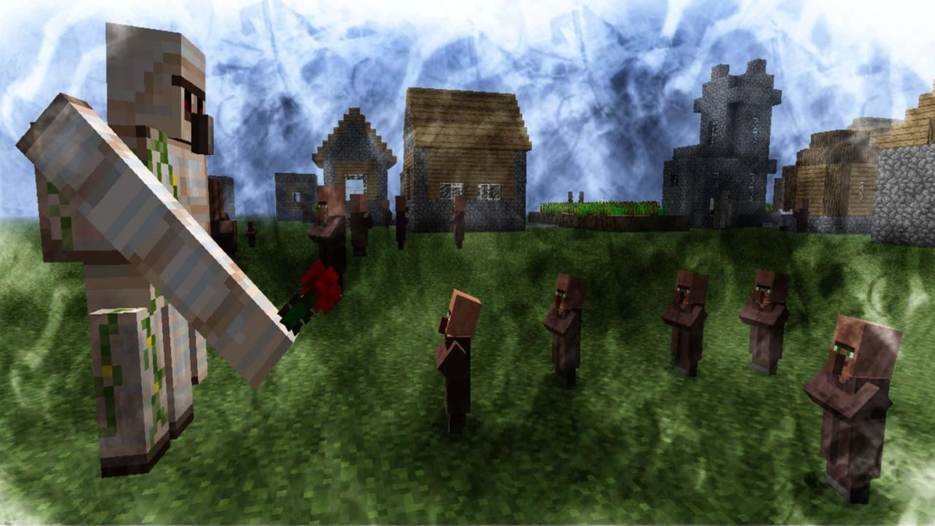 Minecraft Iron Golem 桌布 壁紙 — 一個像素化的Minecraft村民站在草地上，與其他村民和方塊房屋一起，在暴風雨的天空下。
