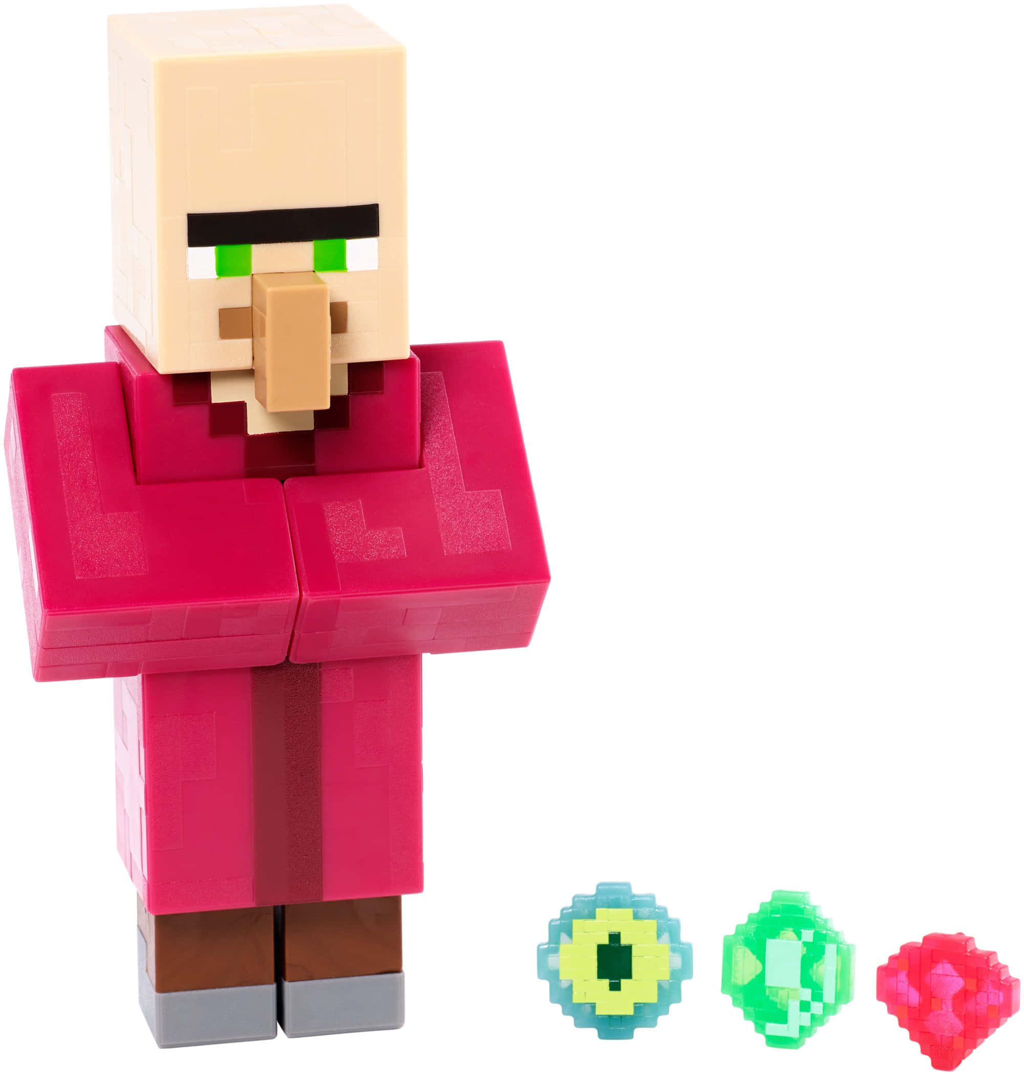 Minecraft Emeralds 桌布 壁紙 — 一個像素化的Minecraft村民公仔，身穿紅色長袍，綠色眼睛，白色背景上有三顆寶石。