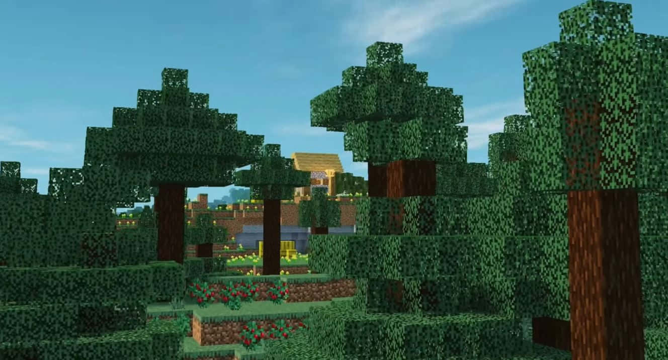 Minecraft Pixel Art 桌布 壁紙 — 一個像素化的Minecraft森林，有方塊狀的樹木和遠處的村莊，在晴朗的藍天下。