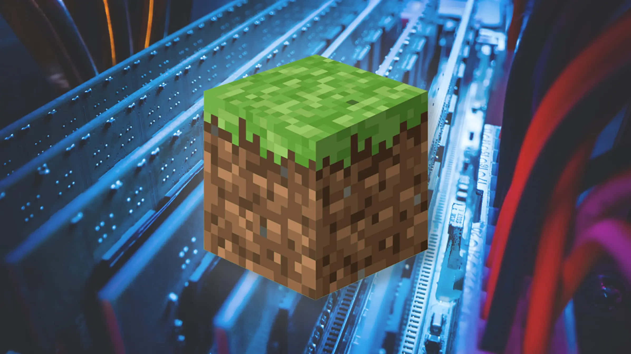 Minecraft Server 桌布 壁紙 — 一個像素化的Minecraft泥土方塊，上面有草，漂浮在數據中心發光的伺服器機架上方。