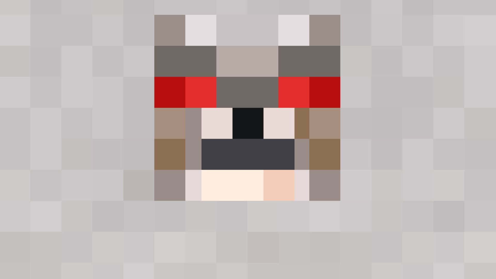 Minecraft Wolf 桌布 壁紙 — 一個像素化的Minecraft狼臉，紅眼睛，灰色毛髮，淺灰色背景。