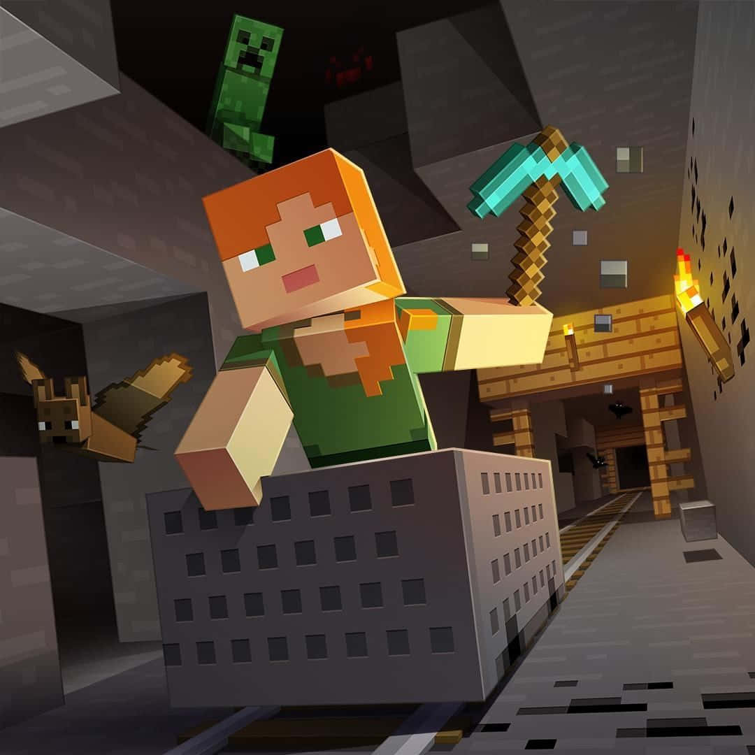 Minecraft Alex 桌布 壁紙 — 一個像素化的Minecraft玩家，橙色頭髮，在昏暗的地下礦洞中手持鑽石鎬，附近有爬行者和狗。