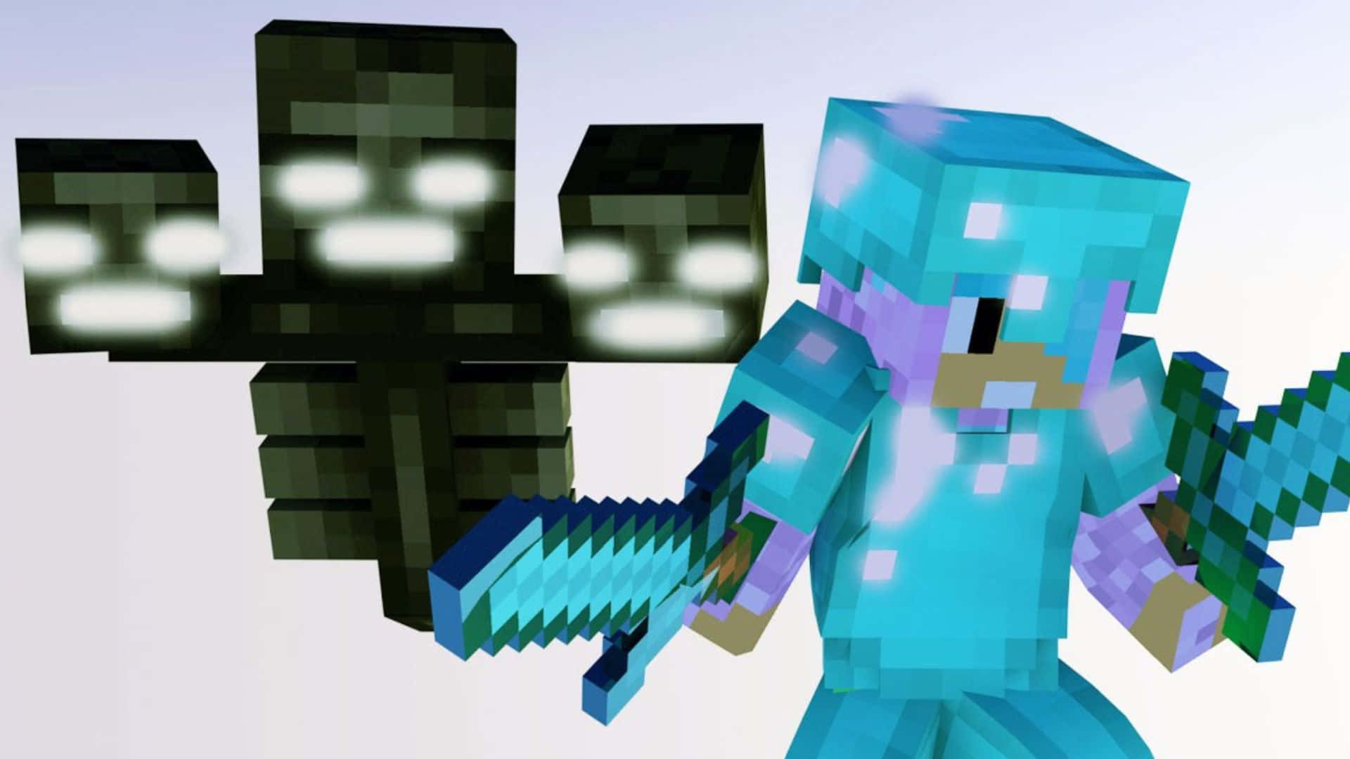 Minecraft Wither 桌布 壁紙 — 一個像素化的Minecraft玩家穿著鑽石盔甲，揮舞鑽石劍面對發光的爬行者。