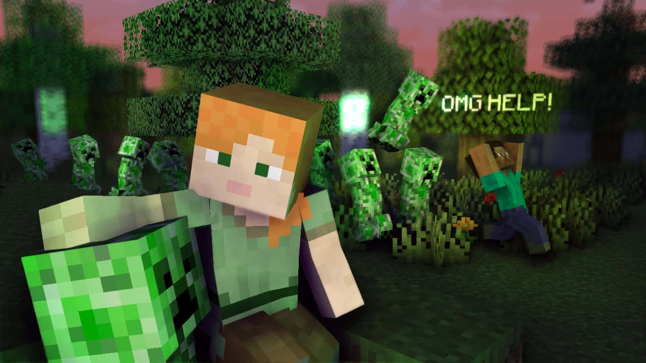 Minecraft Alex 桌布 壁紙 — 一個像素化的Minecraft玩家在黃昏的森林中被敵對的綠色殭屍包圍。