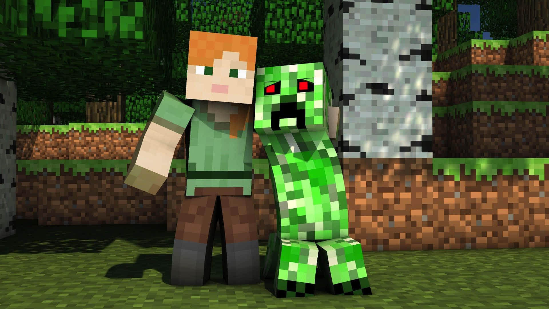 Minecraft Alex 桌布 壁紙 — 一個像素化的Minecraft玩家喺一個有樹同泥土方塊嘅方塊森林入面企喺綠色爬行者隔籬。