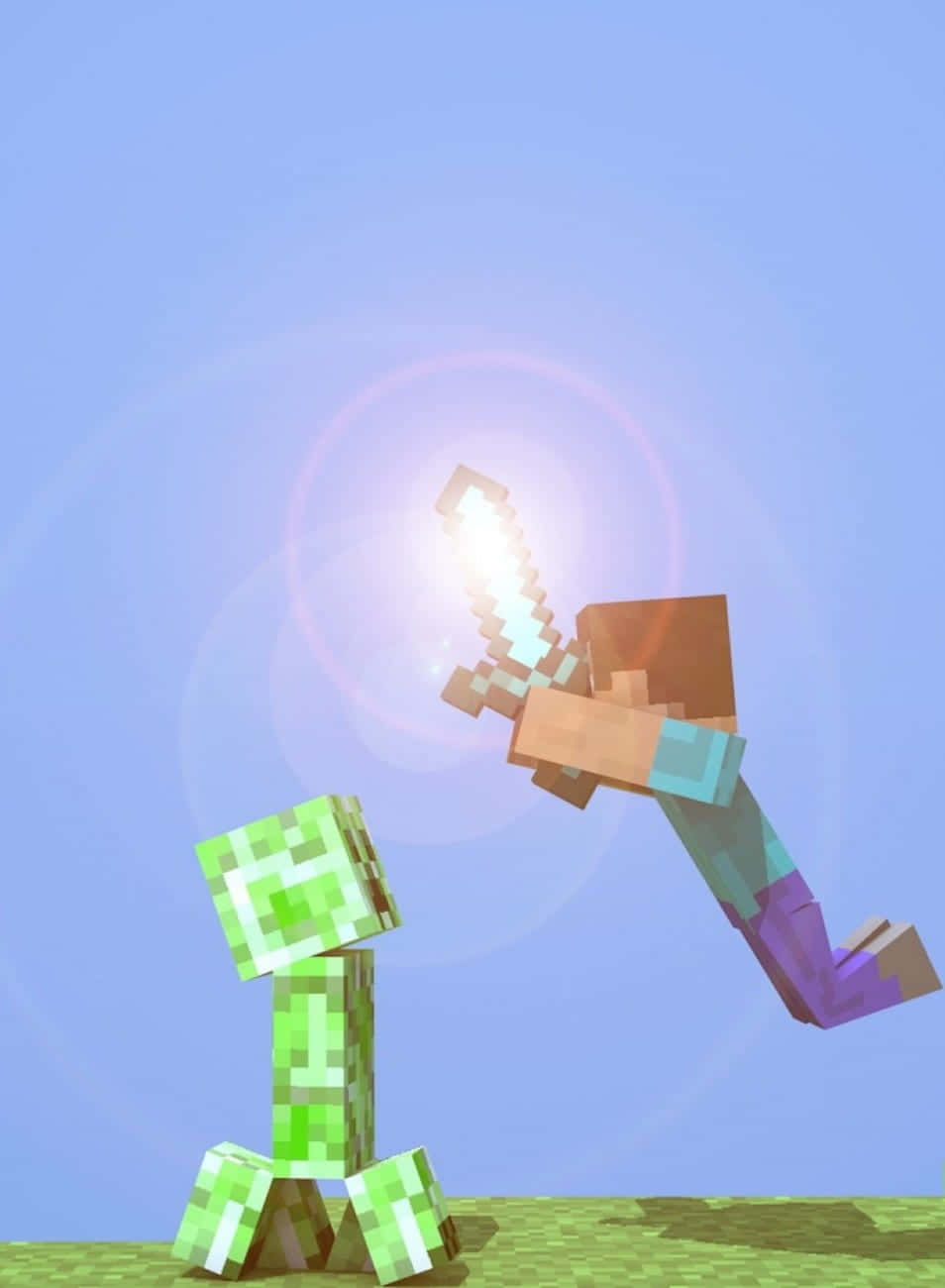 Minecraft Fight 桌布 壁紙 — 一個像素化的Minecraft玩家喺晴朗嘅藍天下，向住綠色嘅creeper揮動一把發光嘅劍。