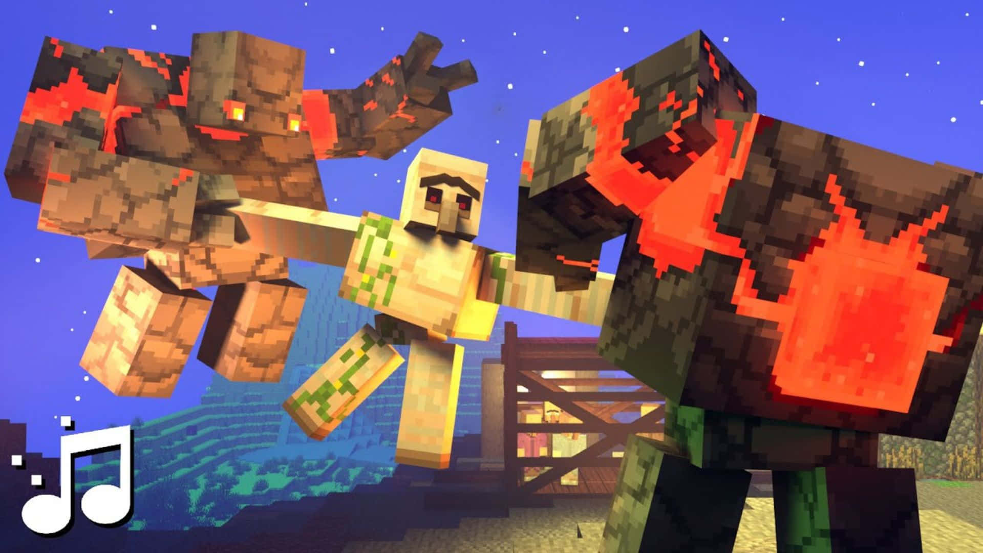 Minecraft Iron Golem 桌布 壁紙 — 一個像素化的Minecraft玩家在星空下的夜晚，在木門附近與兩個熔岩般的怪物戰鬥。