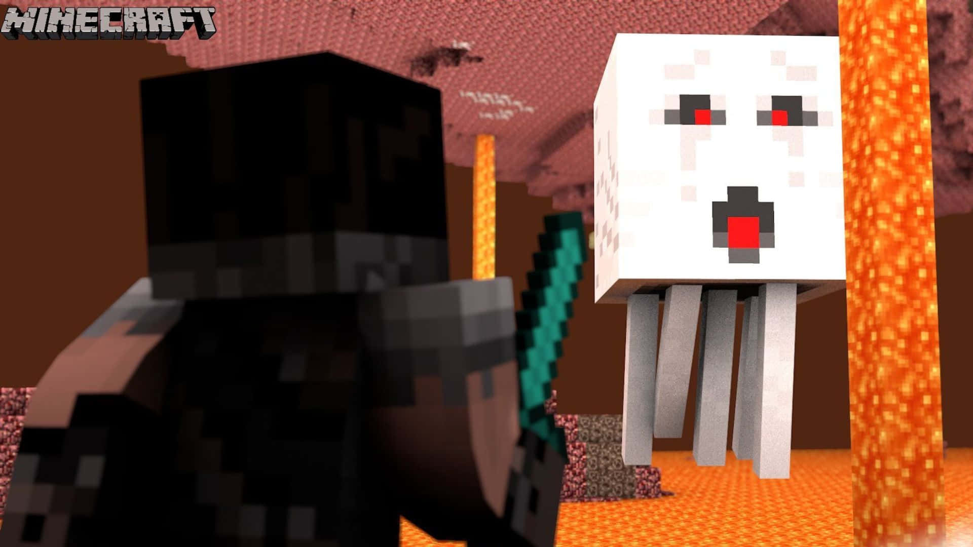 Minecraft Ghast 桌布 壁紙 — 一個像素化的Minecraft玩家在烈焰地獄般的Nether景觀中，面對著尖叫的白色Ghast，周圍有發光的橙色柱子。