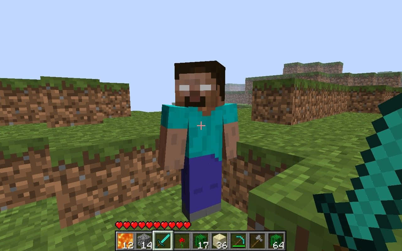 Minecraft Pocket Edition 桌布 壁紙 — 一個像素化的Minecraft玩家站在一片草地塊狀風景中，天空清澈湛藍。