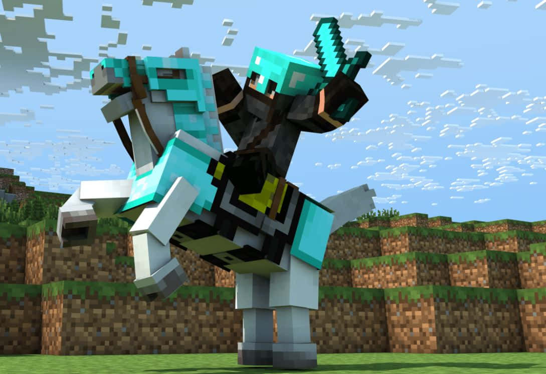 Minecraft Pets 桌布 壁紙 — 一個像素化的Minecraft玩家穿著鑽石盔甲，在藍天下騎著馬穿過一個塊狀的草地景觀。
