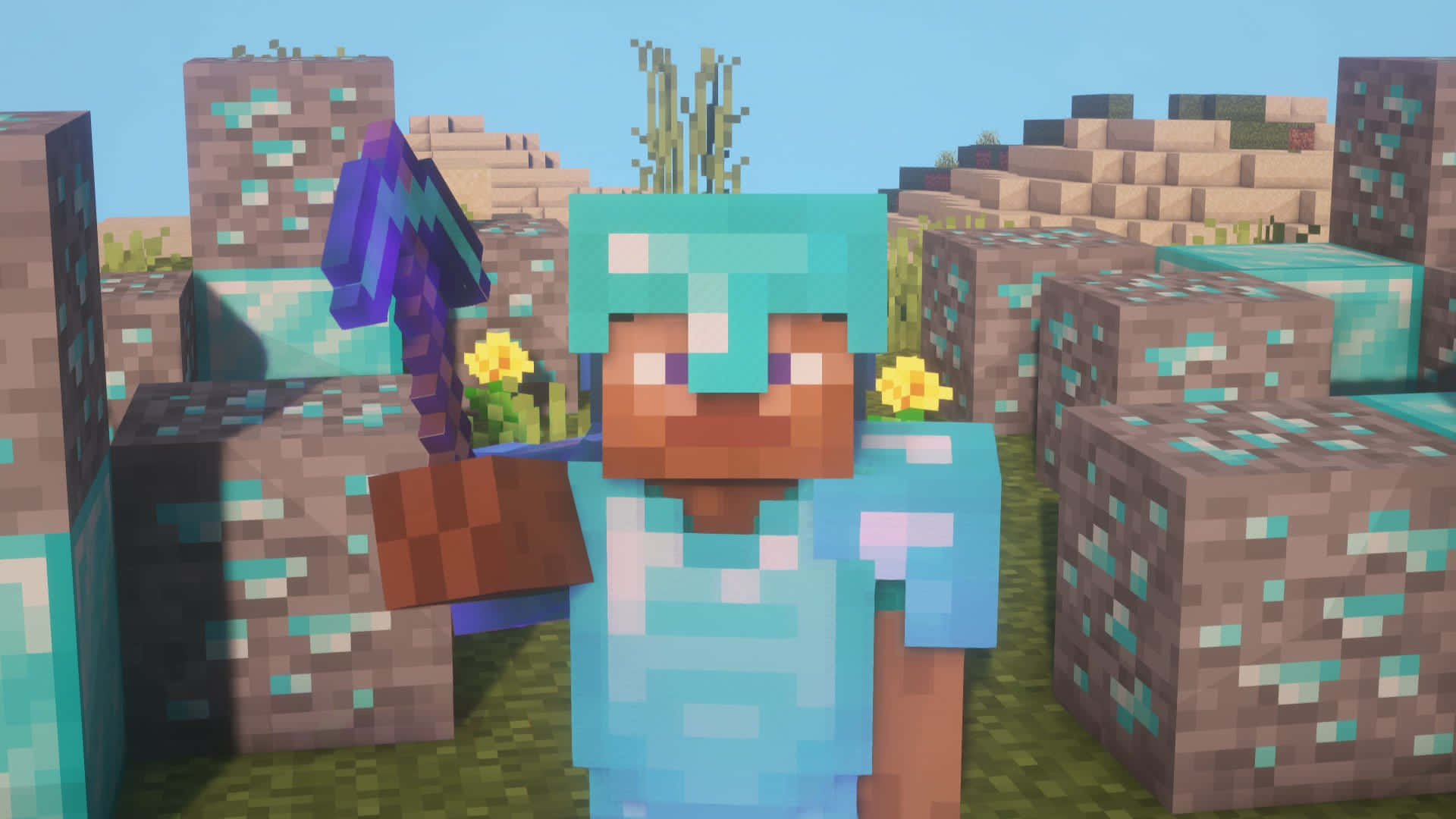 Minecraft Survival 桌布 壁紙 — 一個像素化的Minecraft玩家穿著鑽石盔甲，在黃色花朵的方塊地形中，於晴朗的藍天下手持紫色附魔劍。