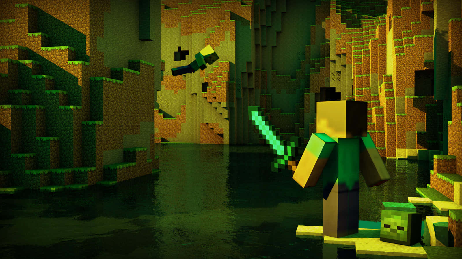 Minecraft Pixel Art 桌布 壁紙 — 一個像素化的Minecraft玩家在叢林生態域中揮舞著一把發光的劍，附近有一隻苦力怕。