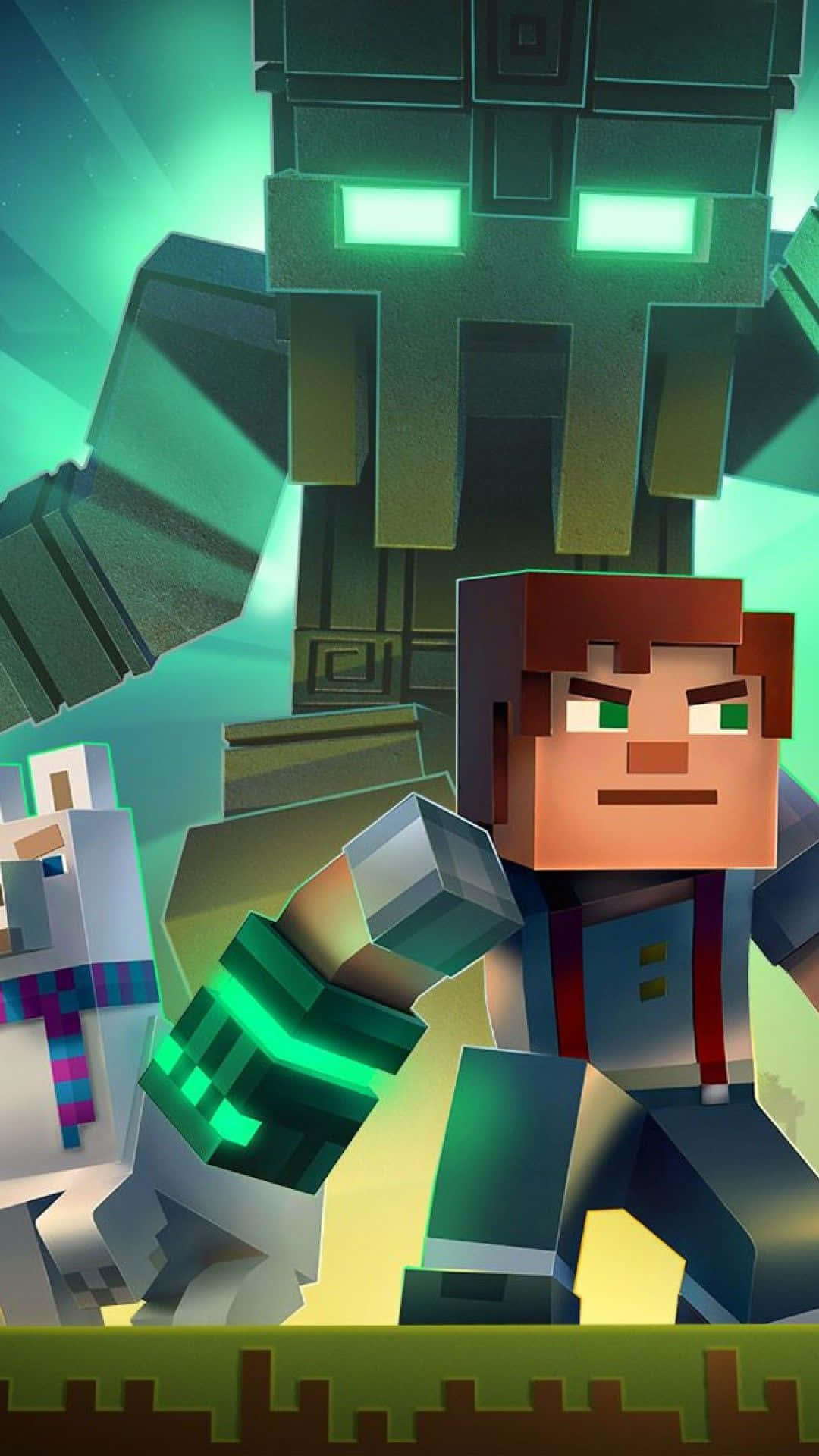 Minecraft Phone 桌布 壁紙 — 一個像素化的Minecraft玩家在戲劇性的遊戲場景中面對一隻高聳的終界龍，牠有著發光的綠色眼睛和盔甲。
