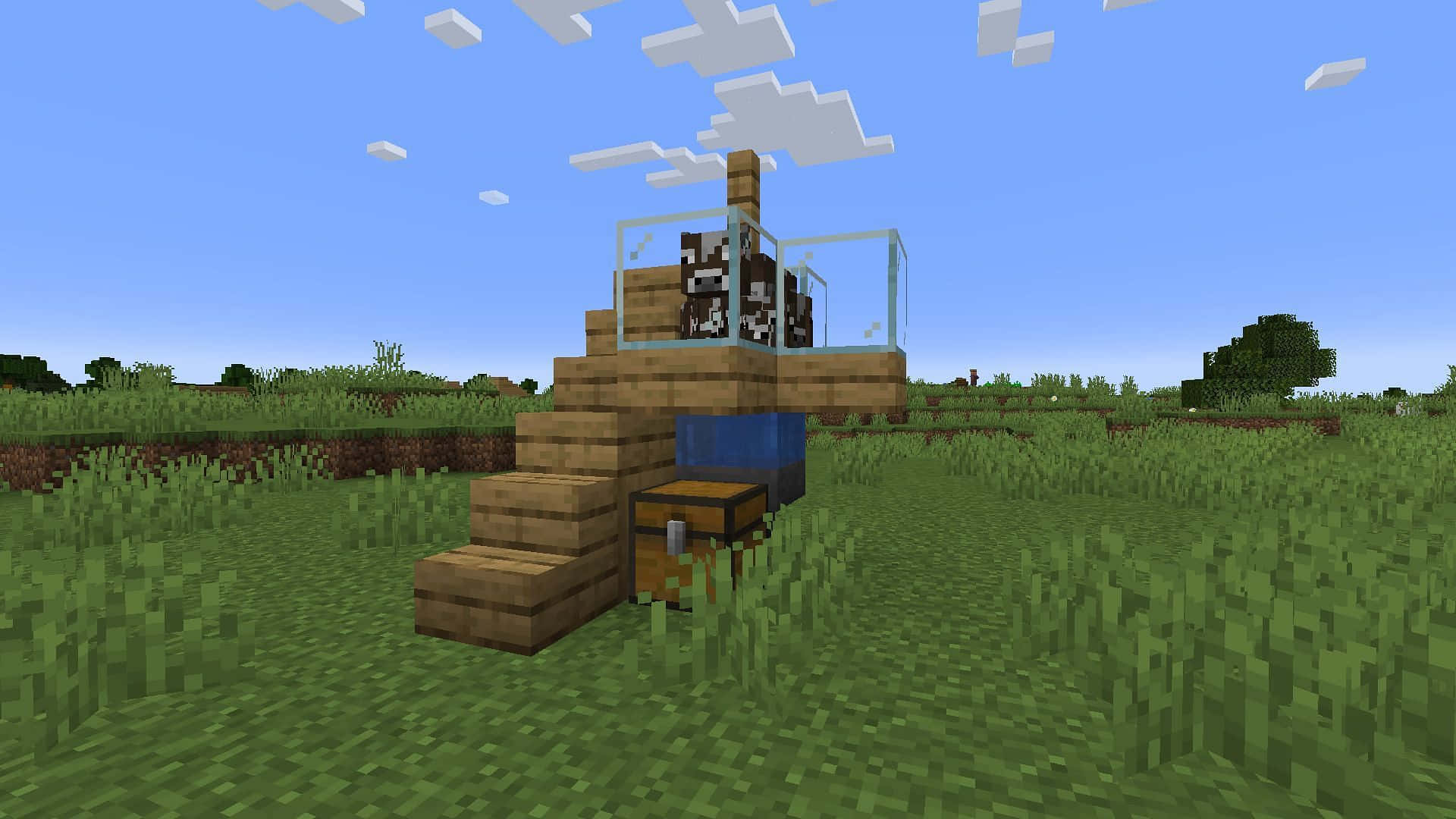 Minecraft Cow 桌布 壁紙 — 一個像素化的Minecraft玩家站在草地上的一個木結構上，天空湛藍，雲朵呈方塊狀。