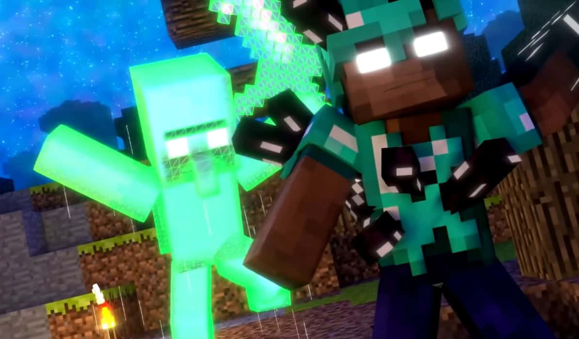 Minecraft Villagers 桌布 壁紙 — 一個像素化的Minecraft玩家在星夜下雨中面對發光的綠色爬行者。