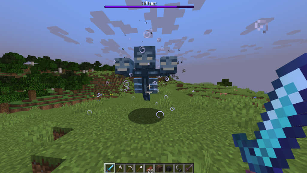 Minecraft Wither Boss 桌布 壁紙 — 一個像素化的Minecraft玩家在黃昏時分的草地生物群系中揮舞鑽石劍對抗敵對的終界使者。