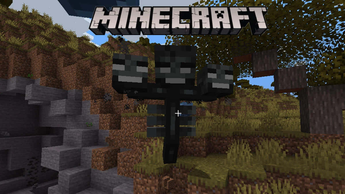 Minecraft Wither Boss 桌布 壁紙 — 一個像素化的Minecraft終界使者站在一個有樹木和泥土山丘的方塊森林中，天空晴朗。