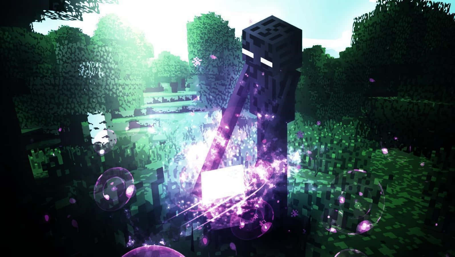 型格 Minecraft 桌布 壁紙 — 一個像素化的Minecraft終界使者站在發光的森林中，施展紫色魔法，周圍漂浮著球體。
