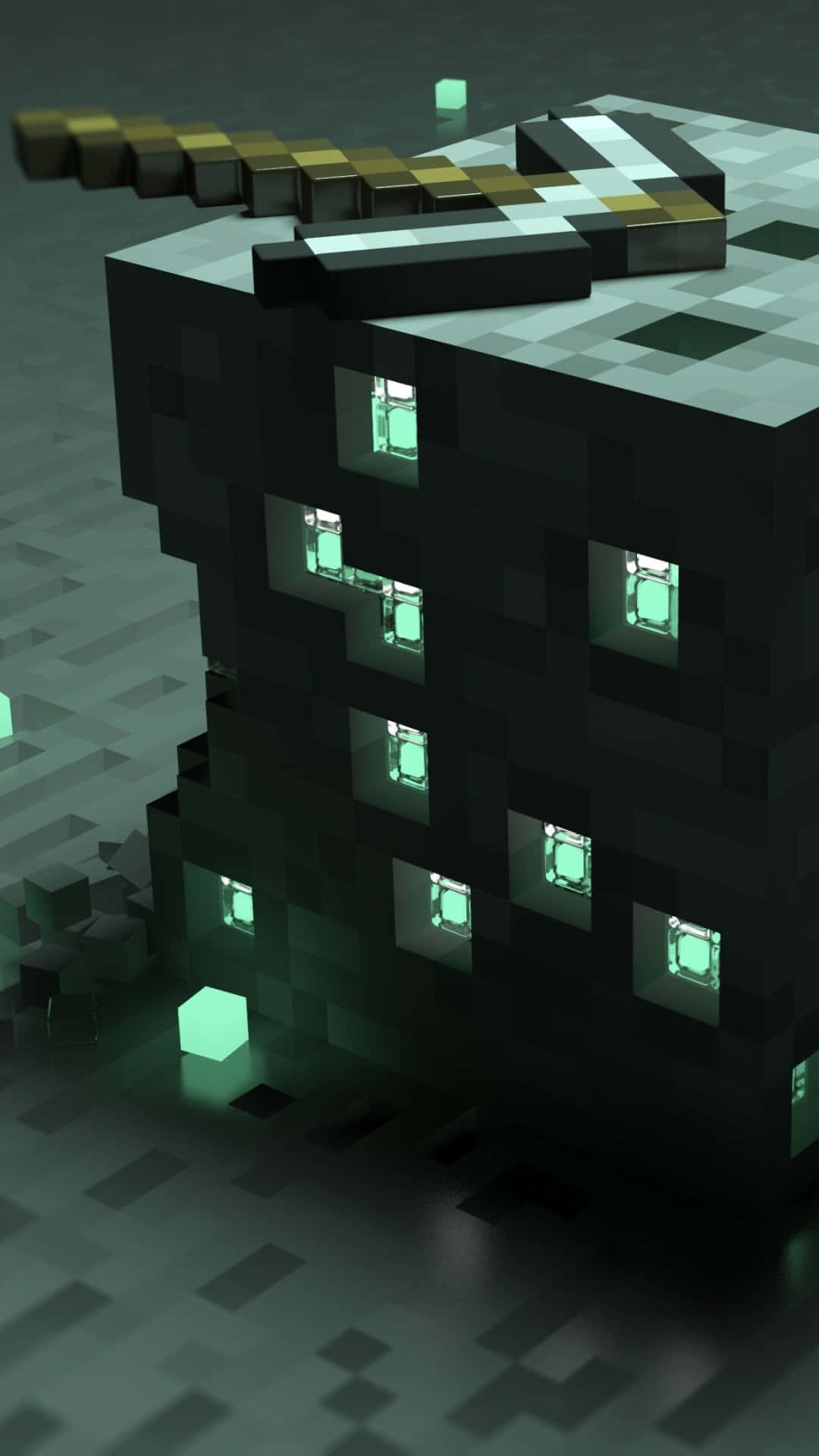Minecraft Phone 桌布 壁紙 — 一個像素化的Minecraft終界使者站立著，擁有發光的綠色眼睛和方塊狀的四肢，背景是深色紋理的地面。